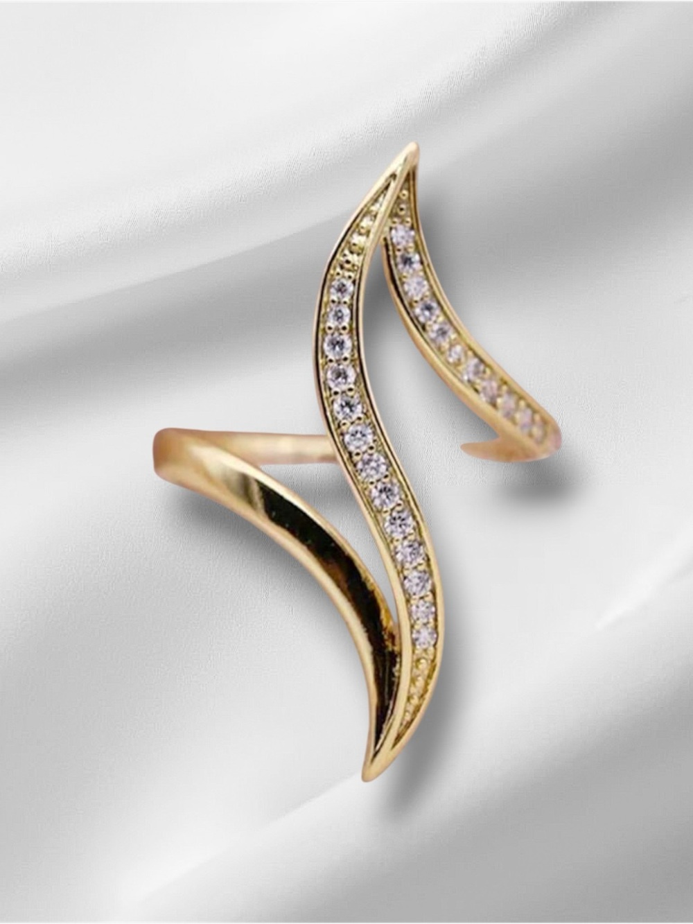 Elegant Gold Wave Cubic Zirconia Open Ring - Women Jewelry